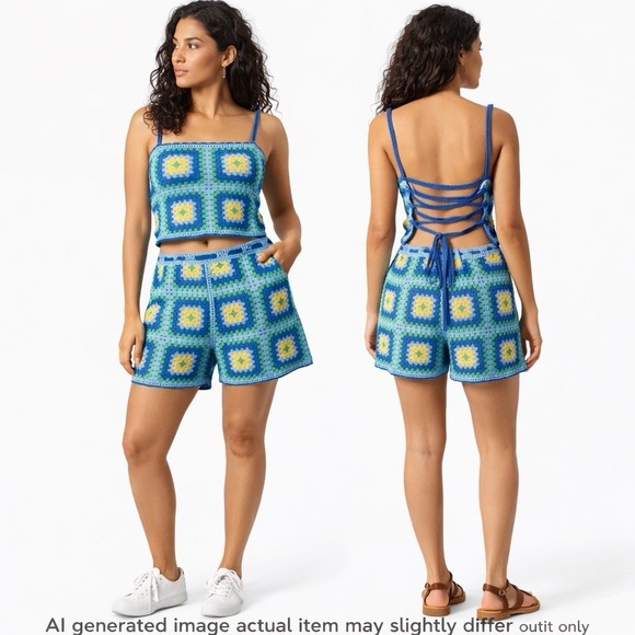 Zara Dresses & Skirts - Zara Crochet Set Women Blue Yellow Small Granny Square Boho Festival Matching